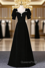 Black Velvet Square Neck Short Sleeve Beading Evening Prom Dress