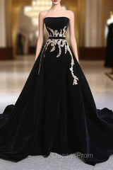 Black Velvet Strapless Crystal With Long Train Wedding Dress