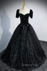 Black Velvet Tulle Long Ball Gown, Black A-Line Evening Gown