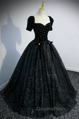 Black Velvet Tulle Long Ball Gown, Black A-Line Evening Gown