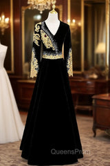 Black Velvet V-neck Long Sleeve Gold Beading Evening Prom Dress