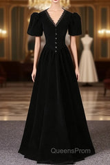 Black Velvet V-neck Short Sleeve Evening Prom Dress
