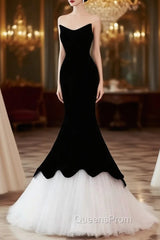 Black Velvet White Tulle Strapless Evening Prom Dress