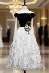 Black White Velvet Off the Shoulder Appliques Evening Prom Dress