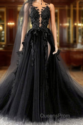 Black Lace Long Evening Prom Dress, A-Line Backless Evening Dress