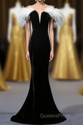 Black Velvet Mermaid Evening Prom Dress with Feather, Off the Shoulder Long Evening Gown