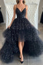 Bling Bling V Neck High Low Black Long Evening Prom Dress, Fluffy Black Formal Evening Dress, Ball Gown