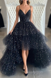 Bling Bling V Neck High Low Black Long Evening Prom Dress, Fluffy Black Formal Evening Dress, Ball Gown