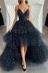 Bling Bling V Neck High Low Black Long Evening Prom Dress, Fluffy Black Formal Evening Dress, Ball Gown