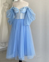 Blue A-Line Midi Tulle Corset Dress With Puffy Sleeves