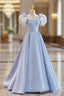 Blue A-Line Satin Long Evening Prom Dress, Blue Satin Evening Dress