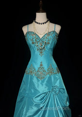 Blue A-Line Spaghetti Straps Satin Beaded Long Evening Prom Dress Sweetheart Neck Applique Graduation Evening Prom Dress