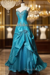 Blue A-Line Spaghetti Straps Satin Beaded Long Evening Prom Dress Sweetheart Neck Applique Graduation Evening Prom Dress