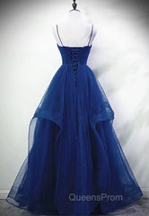 Blue A-line Straps Tulle Layers Long Party Dress, Blue Long Evening Prom Dress