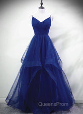 Blue A-line Straps Tulle Layers Long Party Dress, Blue Long Evening Prom Dress