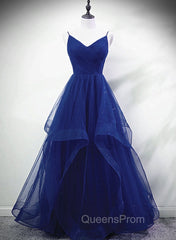 Blue A-line Straps Tulle Layers Long Party Dress, Blue Long Evening Prom Dress