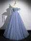 Blue A-Line Tulle Beads Long Classy Prom Dress, Blue Long Classy Dress