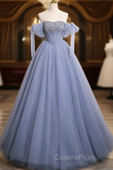 Blue A-Line Tulle Beads Long Evening Prom Dress, Blue Long Formal Dress