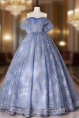 Blue A-Line Tulle Lace Long Evening Prom Dress, Blue Formal Graduation Dress