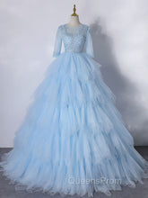 Blue A-Line Tulle Lace Long Evening Prom Dress, Blue Lace Evening Dress