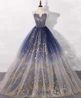 Blue A line Tulle Lace Long Evening Prom Dress, Tulle Evening Blue Graduation Dress