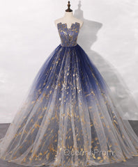 Blue A line Tulle Lace Long Evening Prom Dress, Tulle Evening Blue Graduation Dress