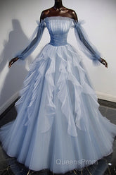 Blue A-Line Tulle Lace Long Evening Prom Dress, Blue Formal Evening Dress