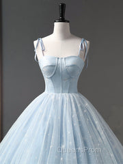 Blue A-Line Tulle Long Evening Prom Dress, Blue Evening Sweet 16 Dress
