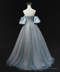 Blue A Line Tulle Long Prom Dress, Blue Tulle Evening Dress with Beading