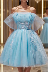 Blue A-line Tulle Short Evening Prom Dress, Blue Homecoming Dress