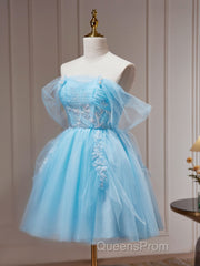 Blue A-line Tulle Short Evening Prom Dress, Blue Homecoming Dress