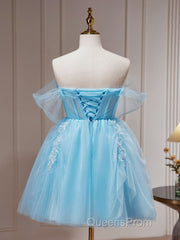 Blue A-line Tulle Short Evening Prom Dress, Blue Homecoming Dress