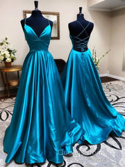 Blue A Line V Neck Backless Satin Long Evening Prom Dress Open Back Evening Graduation Evening Gowns