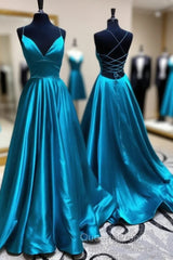 Blue A Line V Neck Backless Satin Long Evening Prom Dress Open Back Evening Graduation Evening Gowns