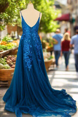 Blue A-line V Neck Prom Dresses Spaghetti Straps Sweep Train Tulle Evening Dresses With Appliqued