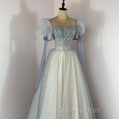 Blue And Champagne Tulle Beaded Shiny Tulle Evening Prom Dress, A-Line Long Party Dress