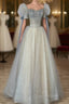 Blue And Champagne Tulle Beaded Shiny Tulle Evening Prom Dress, A-Line Long Party Dress