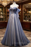 Blue and Grey Tulle Long Sweetheart Party Dress, Tulle A-line Evening Dress