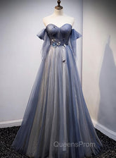 Blue and Grey Tulle Long Sweetheart Party Dress, Tulle A-line Evening Dress
