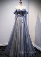 Blue and Grey Tulle Long Sweetheart Party Dress, Tulle A-line Evening Dress