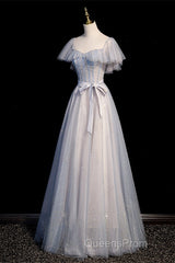 Blue And Pink Beaded Tulle Lovely A-Line Long Party Dress, Tulle Evening Dress Evening Prom Dress