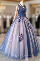 Blue and Pink Flower Lace Applique V-neckline Sweet 16 Gown, Floor Length Evening Dress
