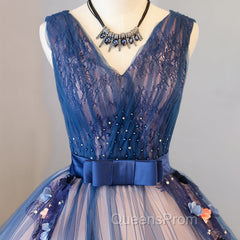 Blue and Pink Flower Lace Applique V-neckline Sweet 16 Gown, Floor Length Evening Dress