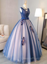 Blue and Pink Flower Lace Applique V-neckline Sweet 16 Gown, Floor Length Evening Dress