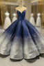 Blue And Silver Ball Gown Sequins Cap Sleeve Evening Prom Dress