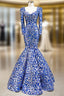 Blue And Silver Sequins Mermaid Long Sleeve Square Evening Prom Dress