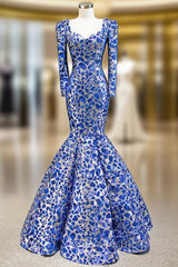 Blue And Silver Sequins Mermaid Long Sleeve Square Evening Prom Dress
