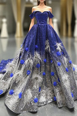 Blue And White Sequins Off The Shoulder Backless Appliques Haute Couture Evening Prom Dress
