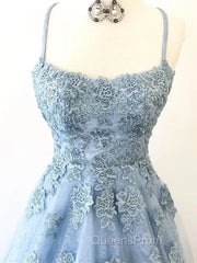 Blue Backless Lace Evening Prom Dress, Open Back Blue Lace Evening Graduation Dress