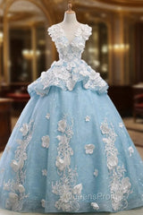 Blue Ball Gown Cap Sleeve Organza Flower Backless Wedding Dress